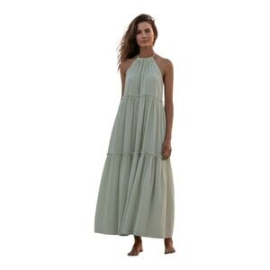 RACHEL ZOE Women's 8 Lined Gauze Sage Green Fringe Tiered Choker Neck Maxi Dress